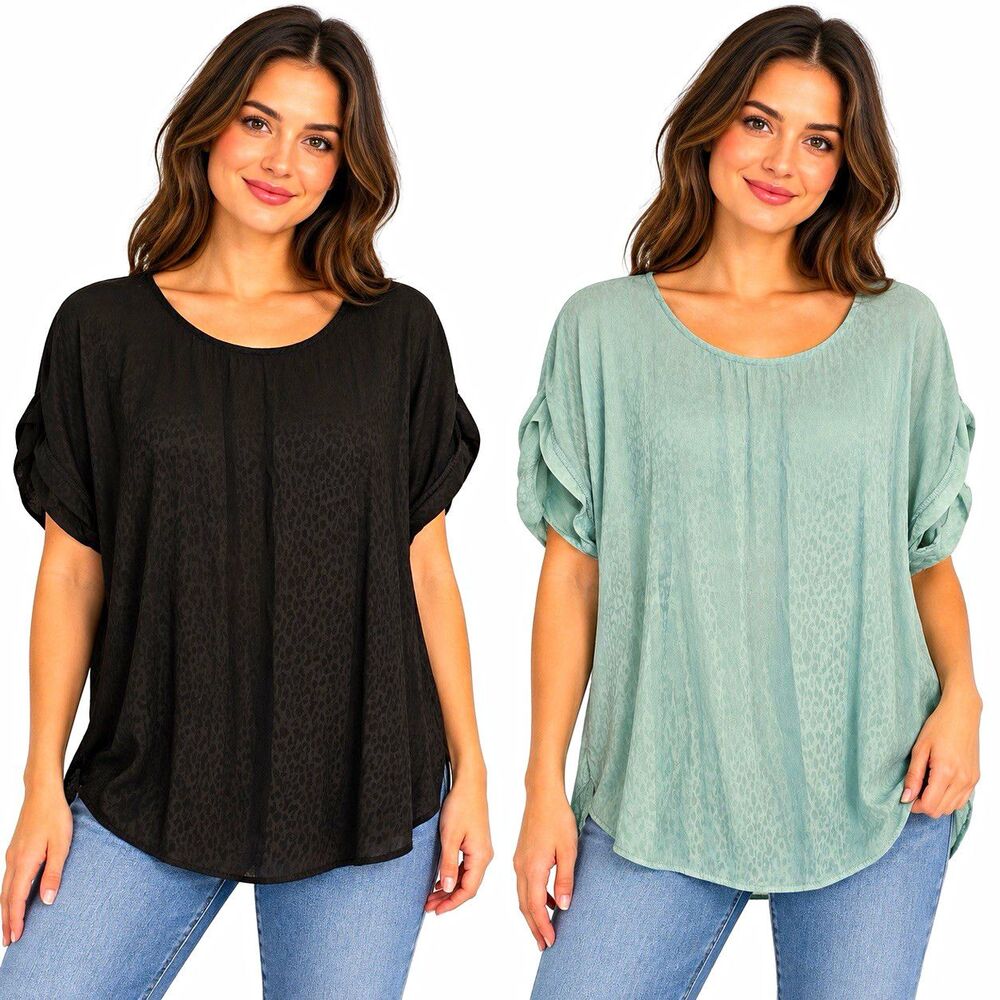 She + Sky Women's Leopard Animal Print Lot of 2 Short Sleeve Blouse M Black Blue
